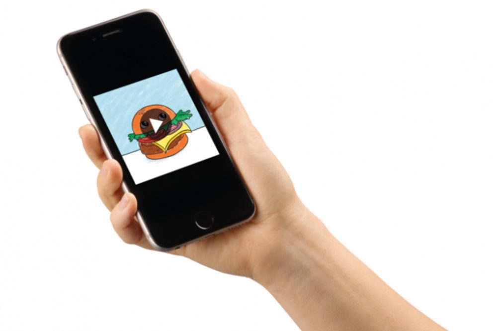 A hand holding a mobile phone with an animation of a hamburger on the screen