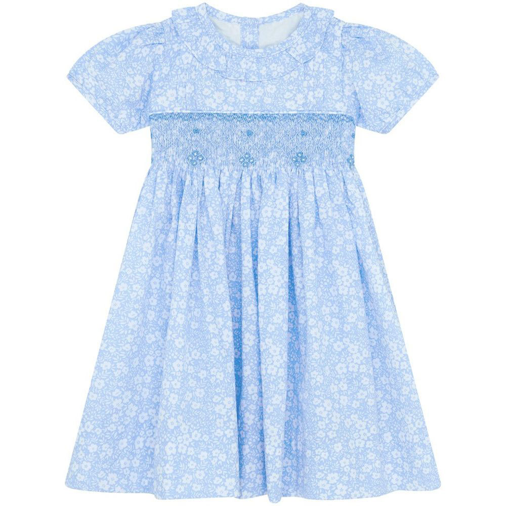 A girl's short-sleeved blue dress with a flower pattern