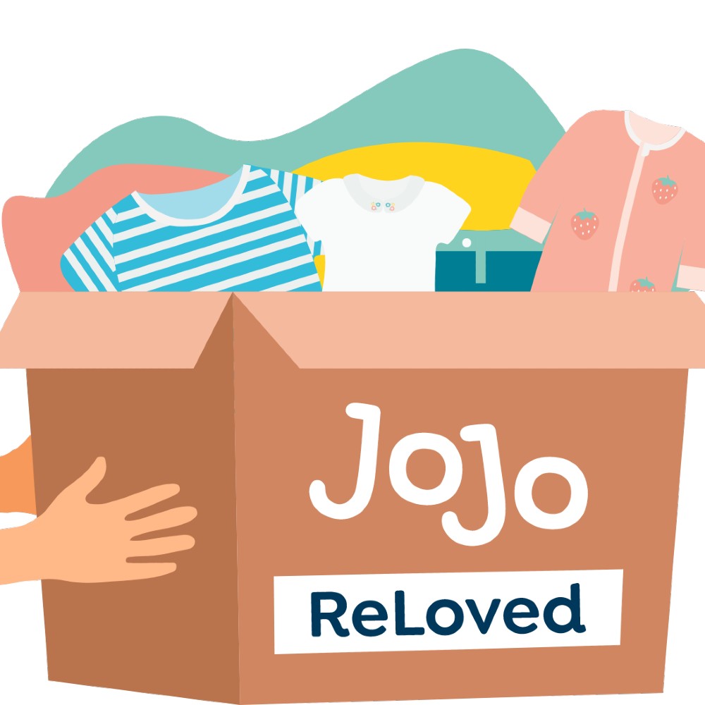 The JoJo ReLoved logo with an illustration of a box being handed over containing children's clothes 