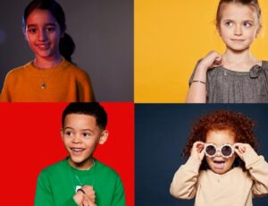 Four shots of children against different coloured backgrounds wearing jewellery by Little Star