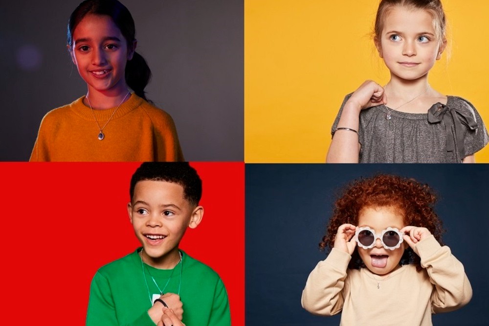 Four shots of children against different coloured backgrounds wearing jewellery by Little Star