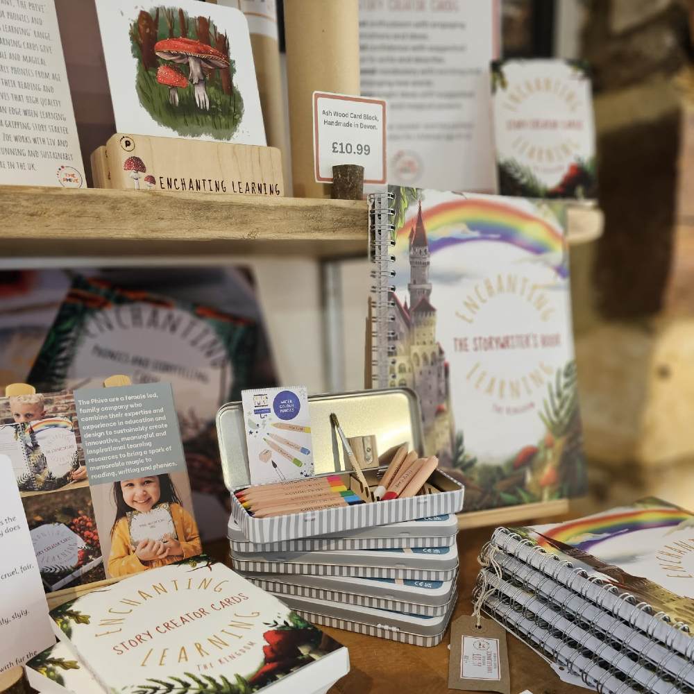 Children's learning tools and books displayed on a table 