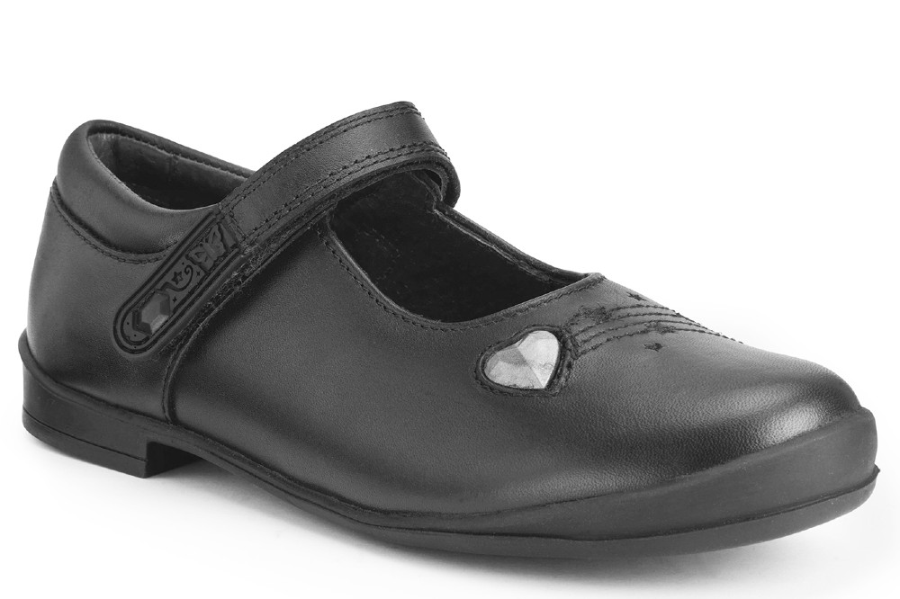 A girl's back school shoes with silver heart detailing 