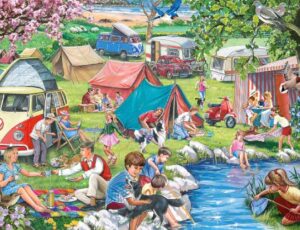 An artist's illustration used for a jigsaw of people camping and in a field beside a stream where children are playing