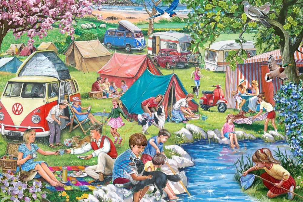 An artist's illustration used for a jigsaw of people camping and in a field beside a stream where children are playing