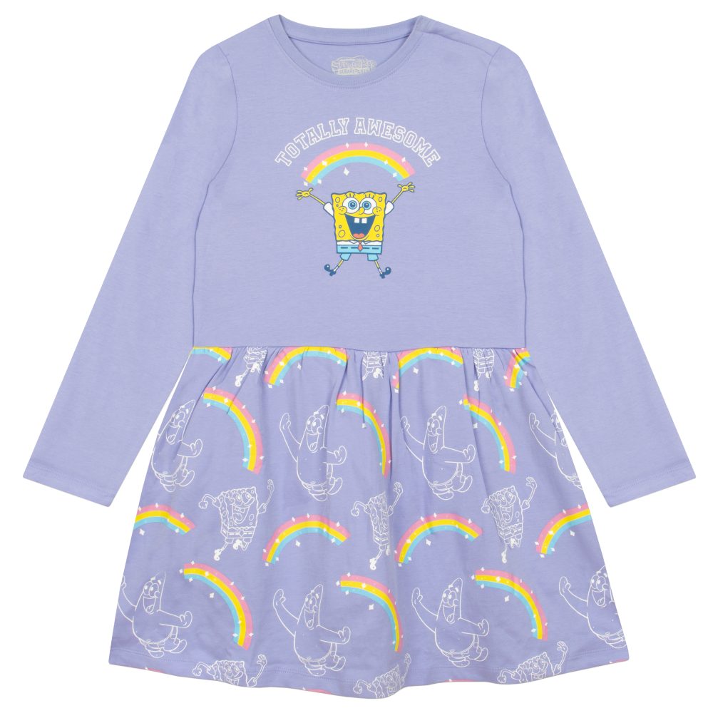 A child's lilac dress with Sponge Bob on the front and rainbows on the skirt 