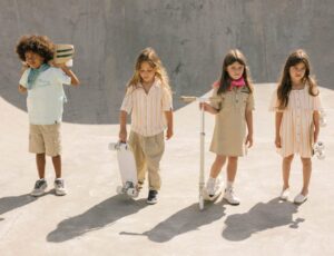 Four children stood in a skate park