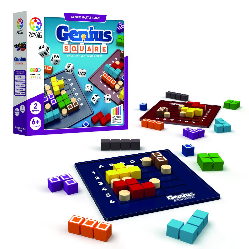 The Genius Square game displayed beside the box packaging 