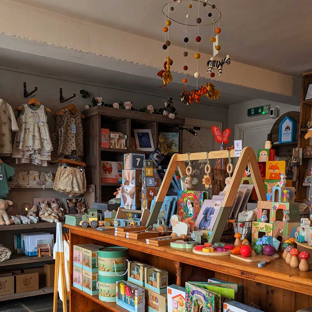 Children's clothes and toys displayed inside a shop 