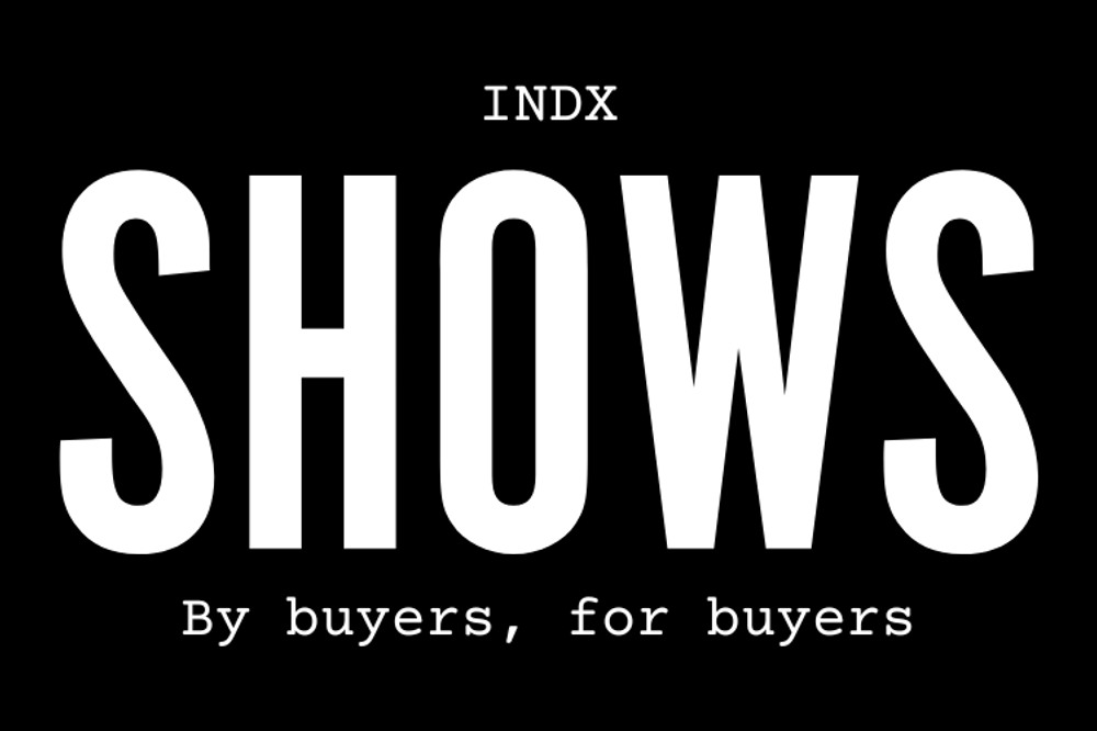 White graphics on a black background to promote INDX Shows