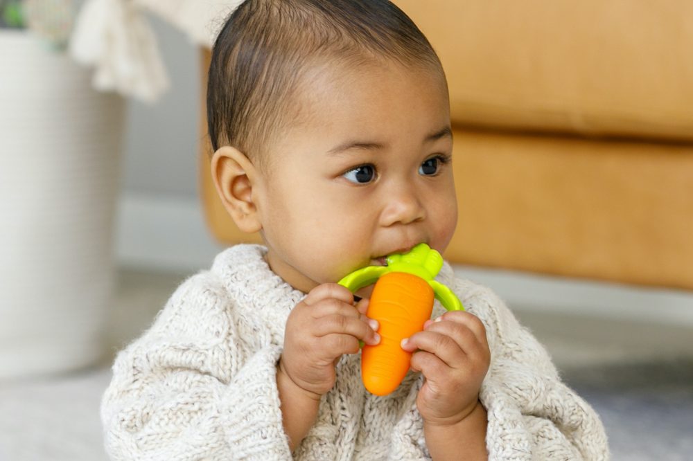 A young baby chewing a carrot shaped teether by Infantino