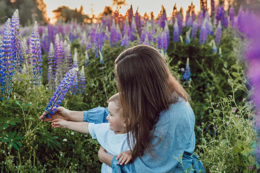 A woman holding a child sat in a field of purple flowers