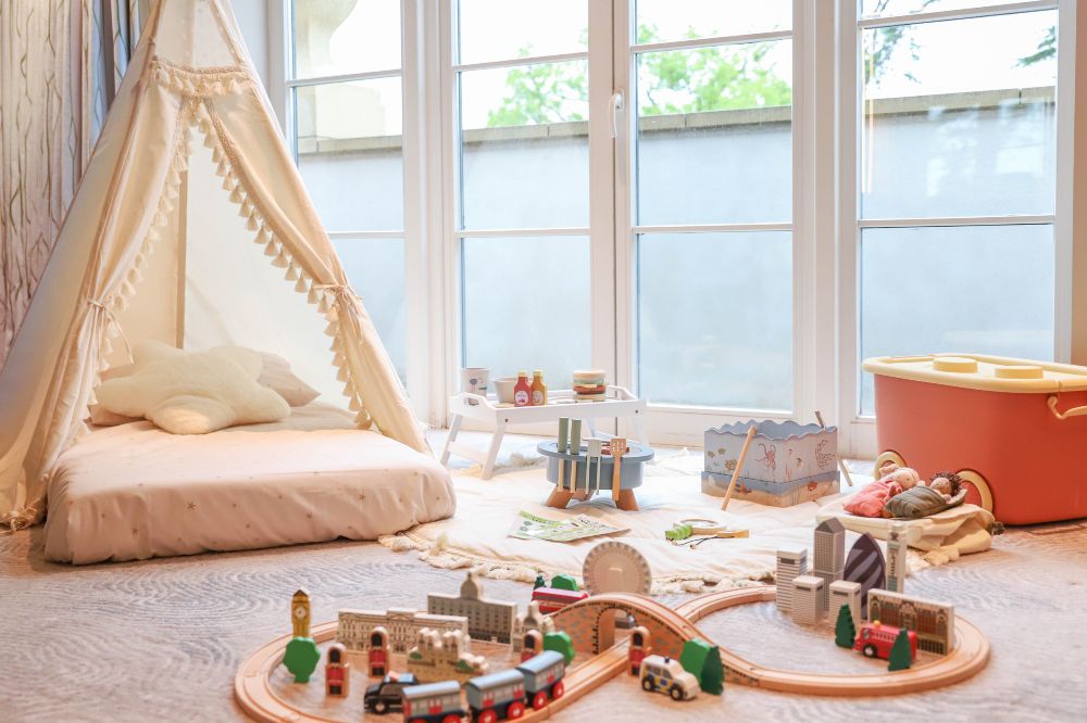 A child's teepee and toys set up in a hotel room at The Grove as part of the Scandibørn Sleepover Package