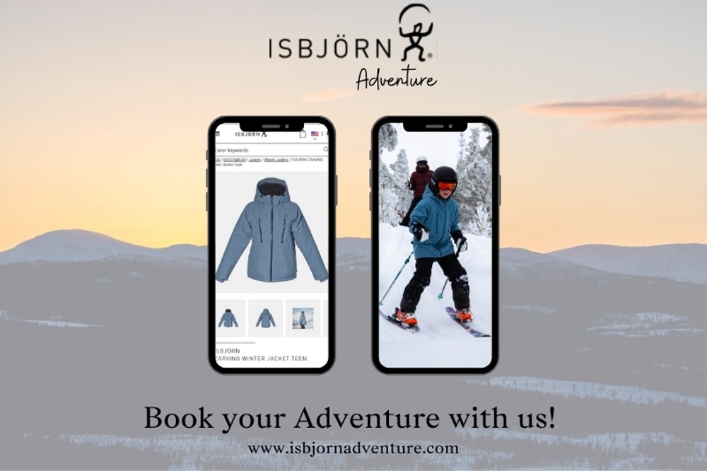 Graphics and two phone screens illustrating Isbjorn Adventure 