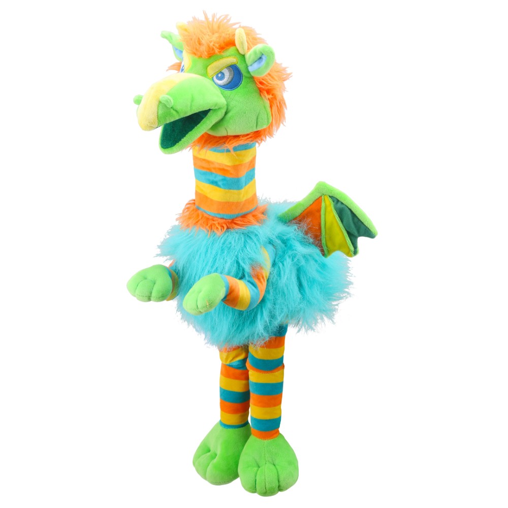 A brightly coloured dragon puppet from The Puppet Company's new Striders range