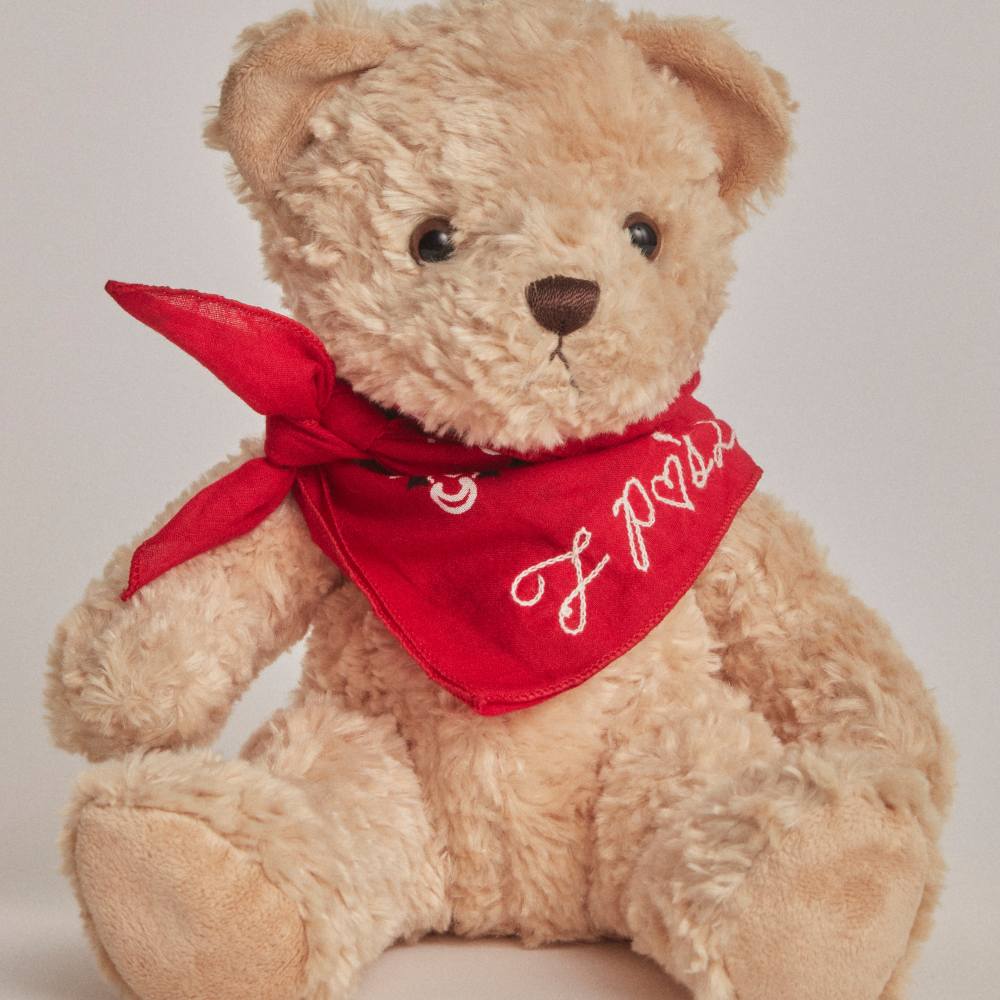 A teddy bear wearing a blue bandana from the Loved Before x Free People collaboration