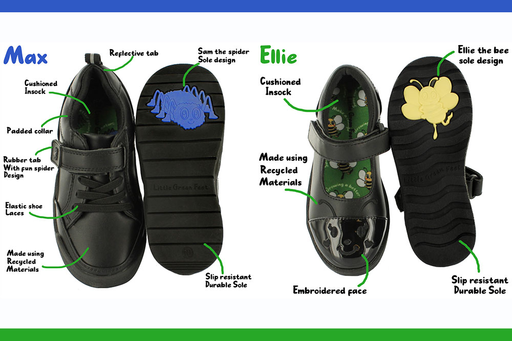 Two pairs of children's black school shoes with description of their key features