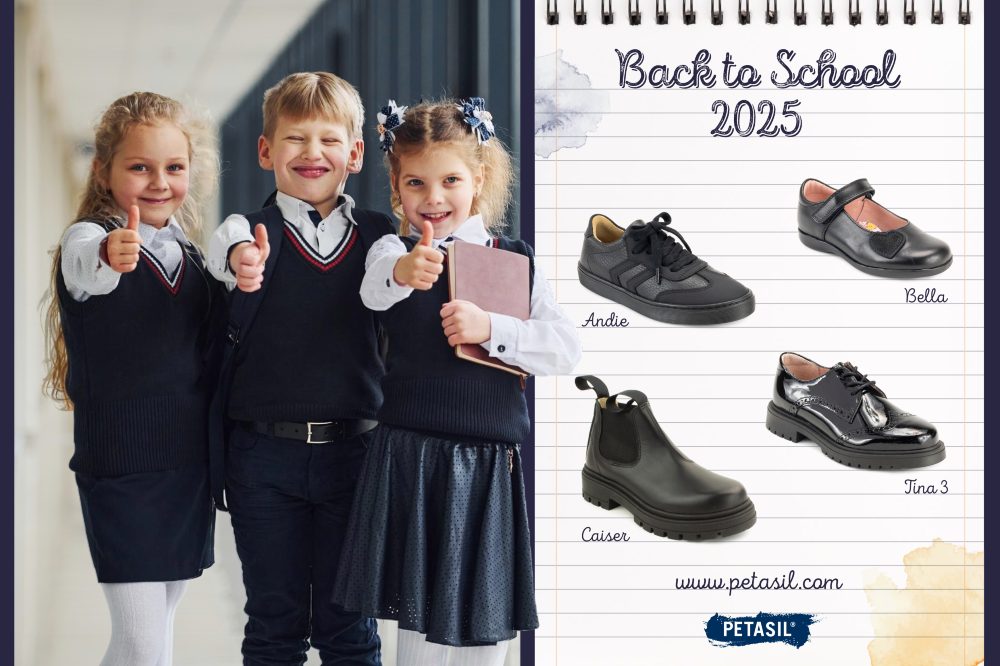 Children in school uniform and a selection of school shoes by Petasil