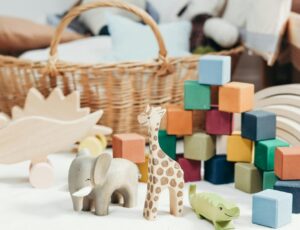 A selection of children's wooden toys illustrating SGS's webinar on The benefits and challenges of sustainable toy design