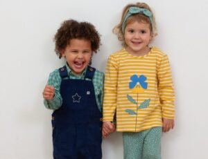 Two young girls holding hands in front of a white wall wearing outfits by the eco-friendly brand Kite Clothing