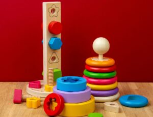 The new Montessori toy range by Bigjigs Toys displayed on a wooden table against a red background