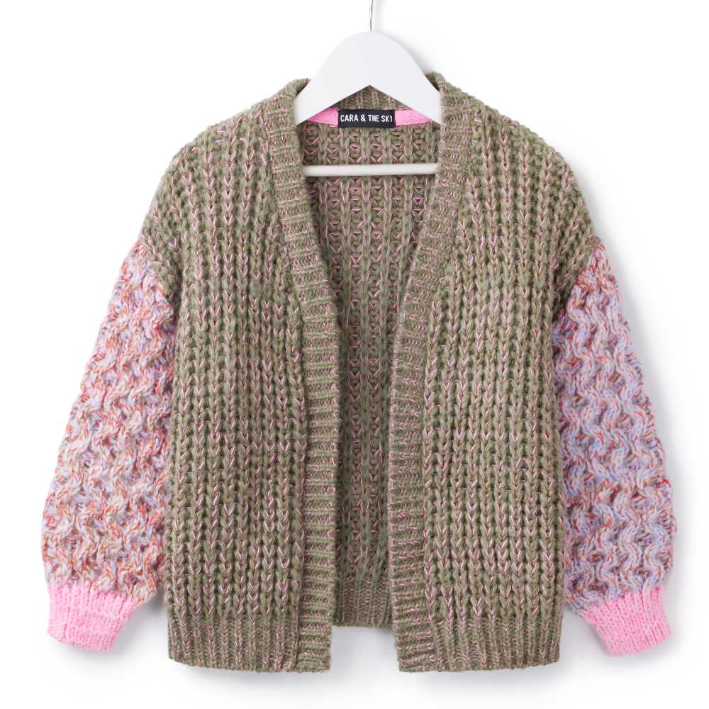 A child's knitted cardigan with a brown body and pink sleeves 