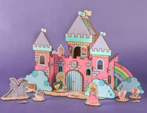 A child's toy castle against a purple background