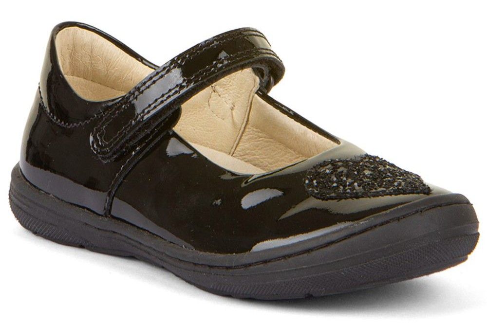 A black school shoe with a glitter heart on the upper 