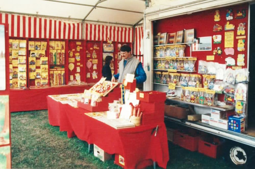 Peter Ireland of Bigjigs Toys on a exhibition stand in the 1980s