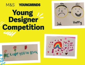 A graphic for M&S x YoungMinds' Young Designer Competition showing children's artwork on a yellow background