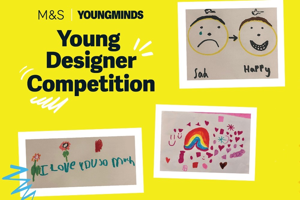 A graphic for M&S x YoungMinds' Young Designer Competition showing children's artwork on a yellow background