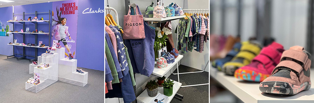 Three images of children's clothing and shoes at INDX National Kidswear Show and INDX National Kids Footwear Show 