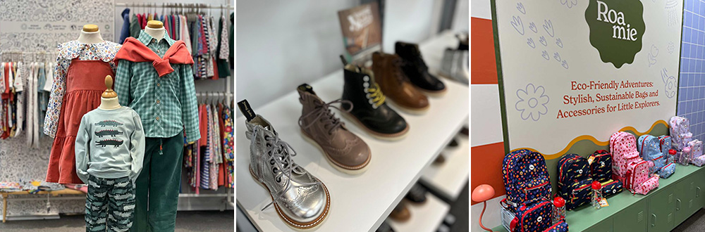 Three images of children's clothing and shoes at INDX National Kidswear Show and INDX National Kids Footwear Show