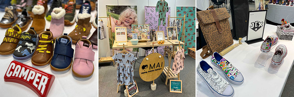 Three images of children's clothing and shoes at INDX National Kidswear Show and INDX National Kids Footwear Show