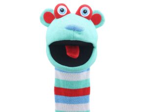 A turquoise, red and white sock puppet character by The Puppet Company in support of The Brain Tumour Charity