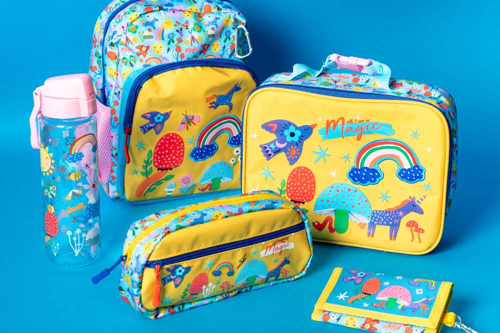 A children's matching accessories set including a rucksack, lunch bag, bottle, pencil case and wallet by Hey Hugo