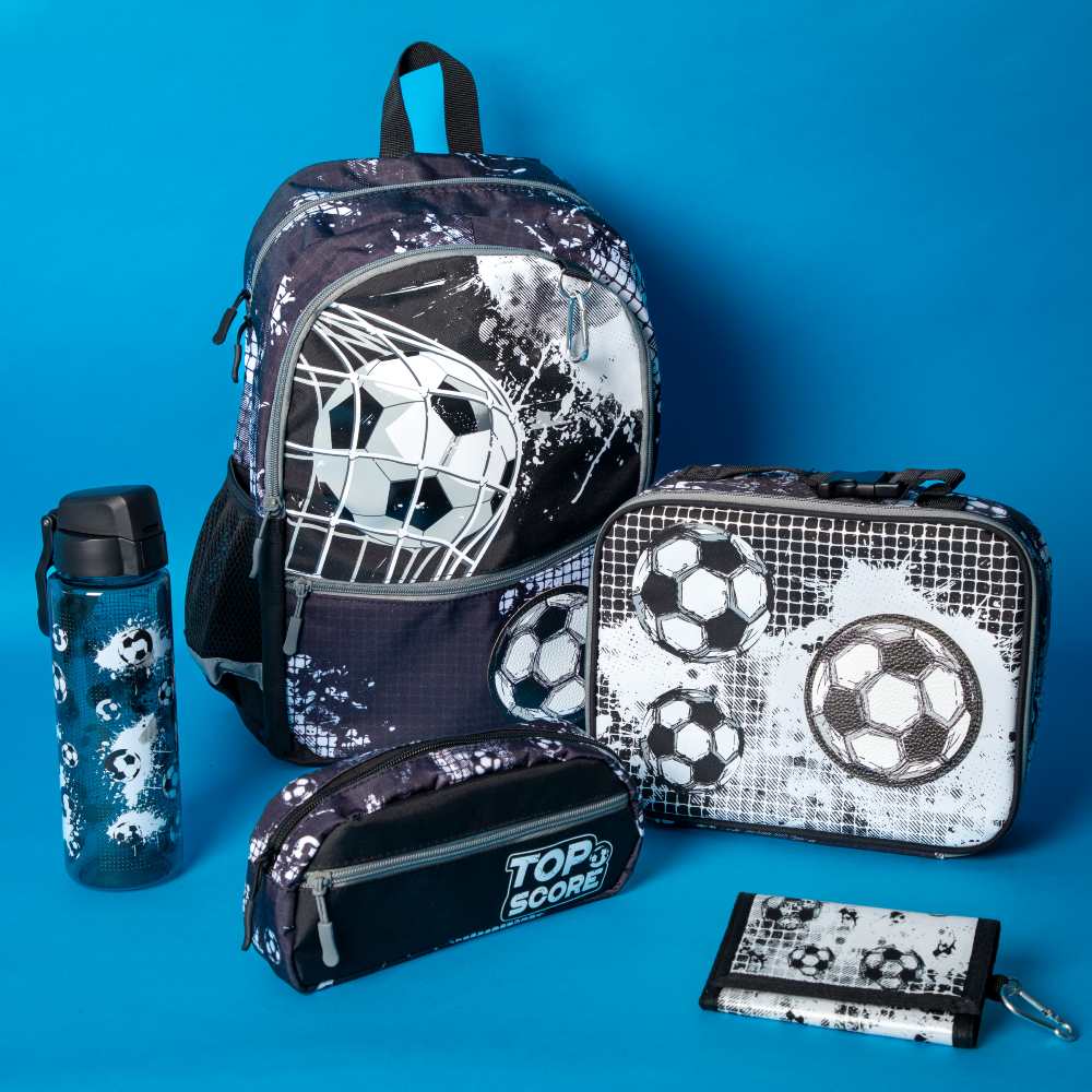 A children's matching accessories set including a rucksack, lunch bag, bottle, pencil case and wallet in a football design 