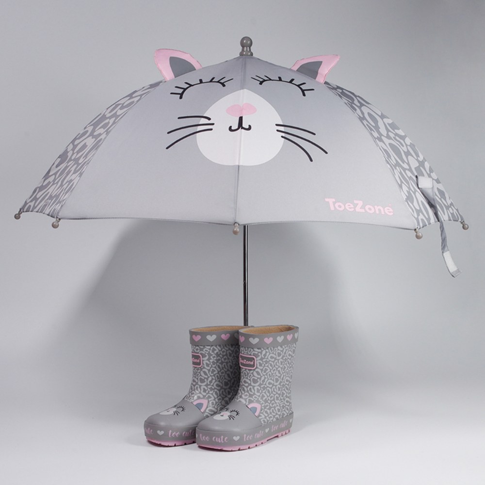 A child's wellies and matching umbrella in a grey and pink cat design 