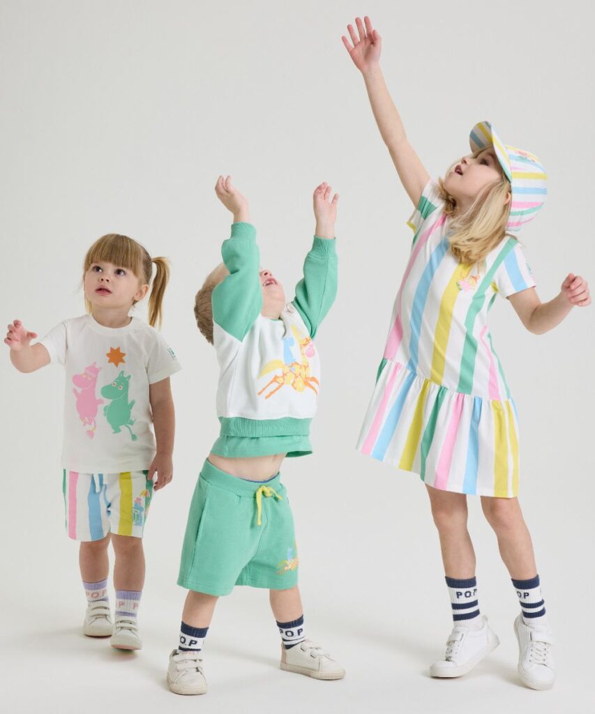 Three children wearing pastel coloured outfits from the PO.P x Moomins collaboration 