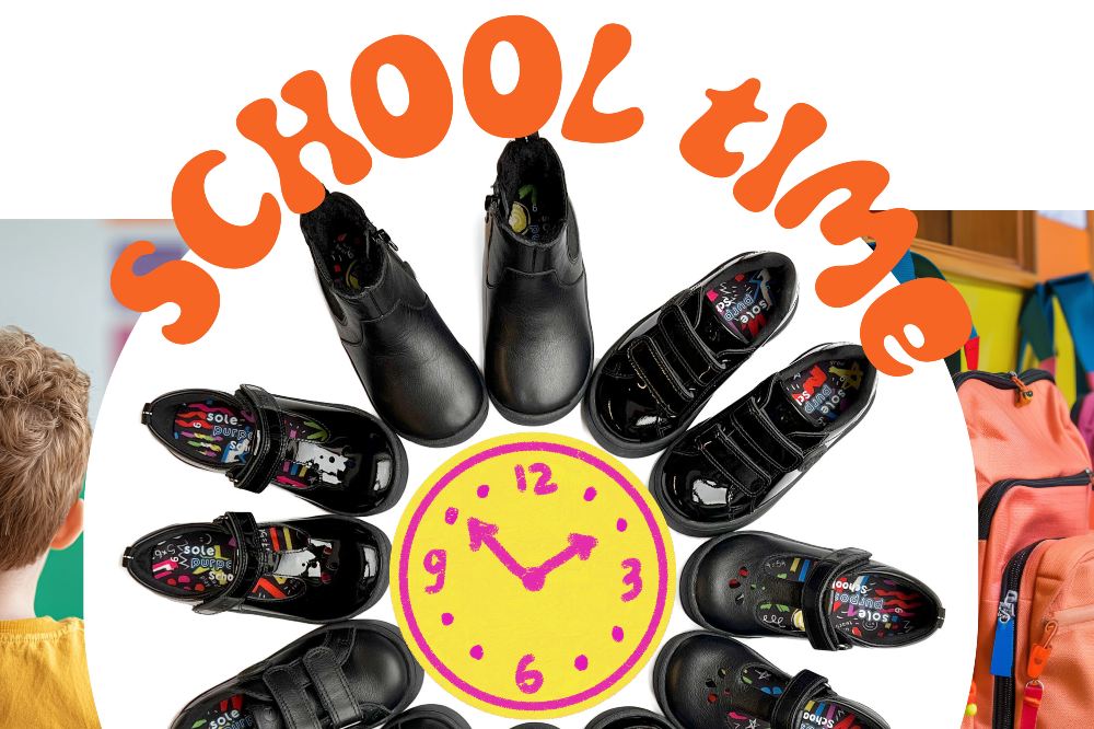 Children's school shoes displayed around a clock graphic