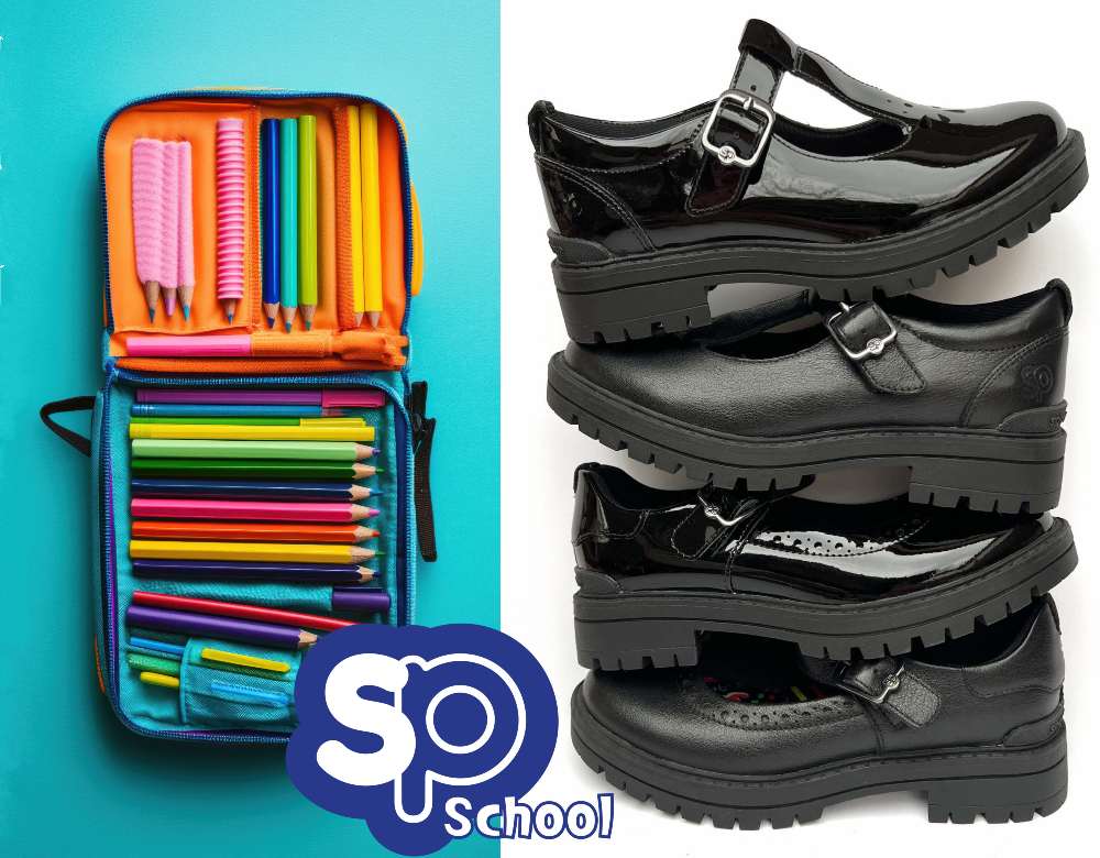 A stack of children's black school shoes displayed beside a school organiser with the Sole Purpose logo beneath 
