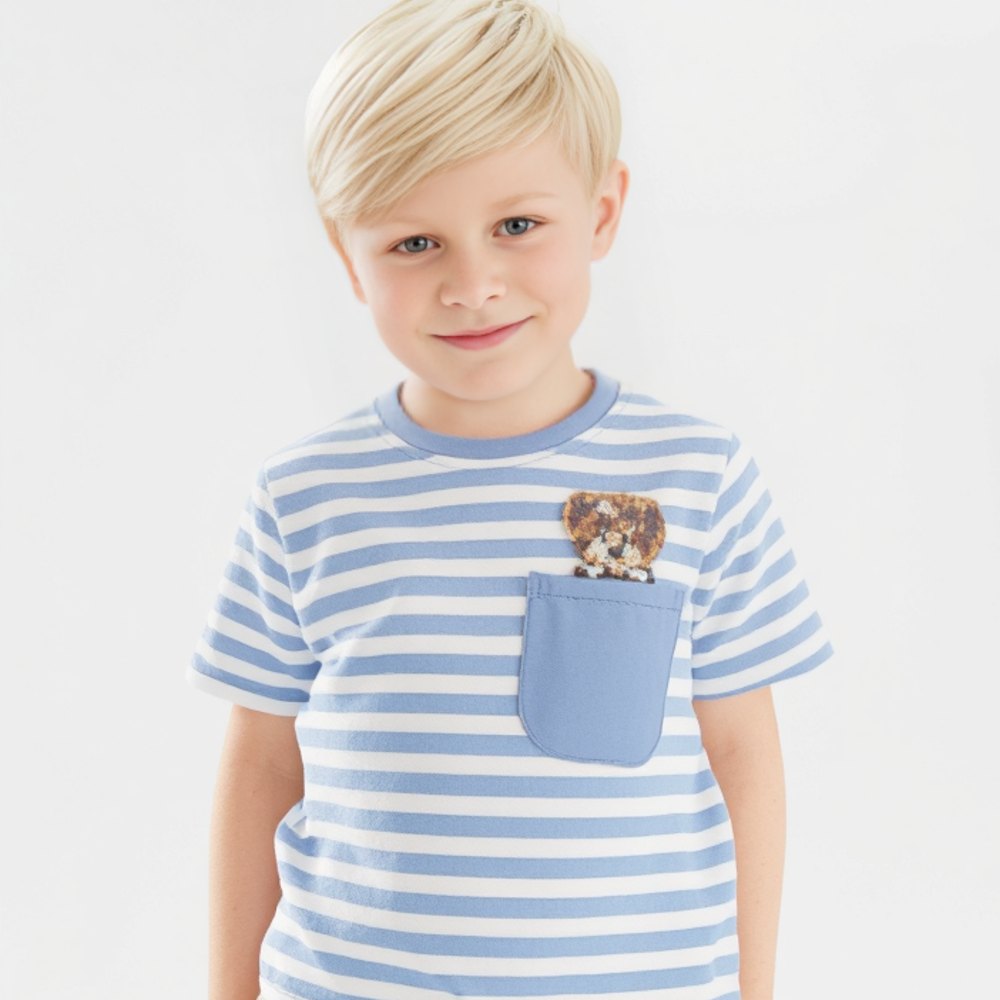 A blonde boy wearing a blue and white striped T-shirt with a bear at the pocket 