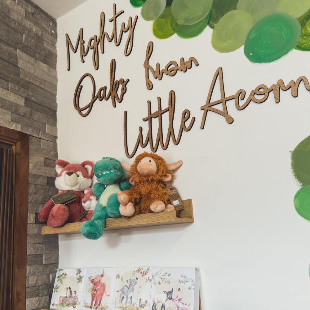 A wall in a children's gift shop displaying teddies and a sign saying Might Oaks From Little Acorns 