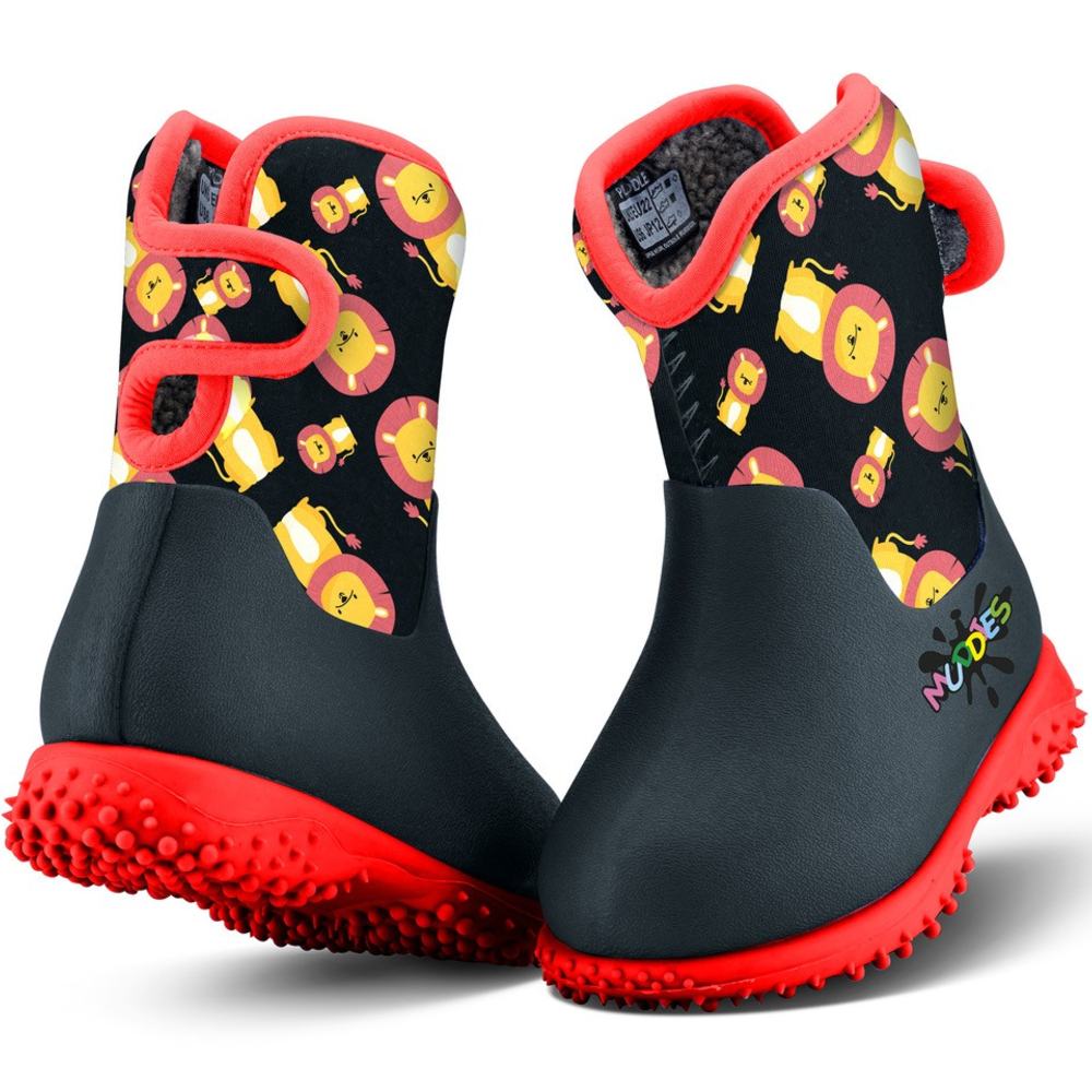 A pair of children's back and red Muddies boots with a lion print 