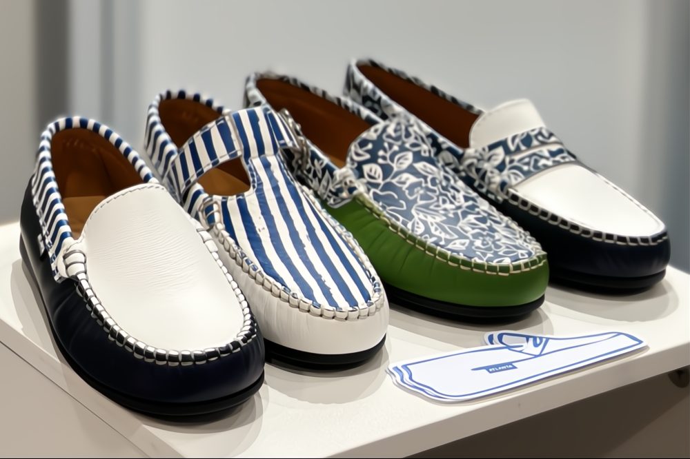 Four children's summer shoes displayed on a stand 