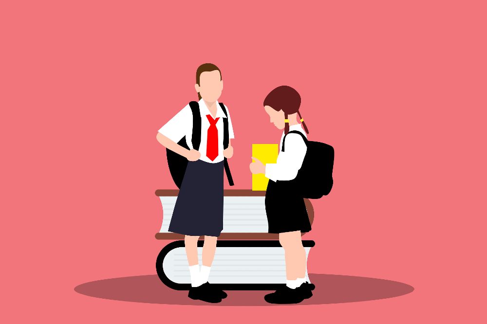 A graphic of two girls in school uniform stood in front of a stack of books against a pink background