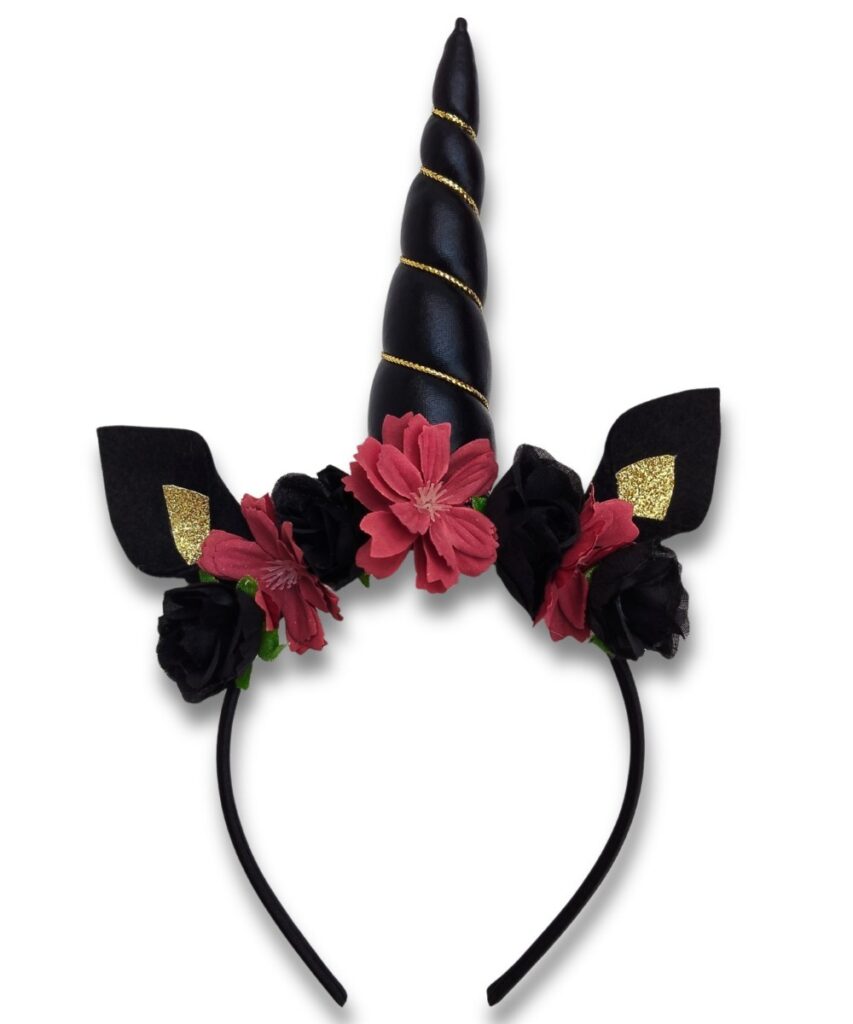 A children's black unicorn headband with flowers on it from the A is for Alice Halloween Collection 
