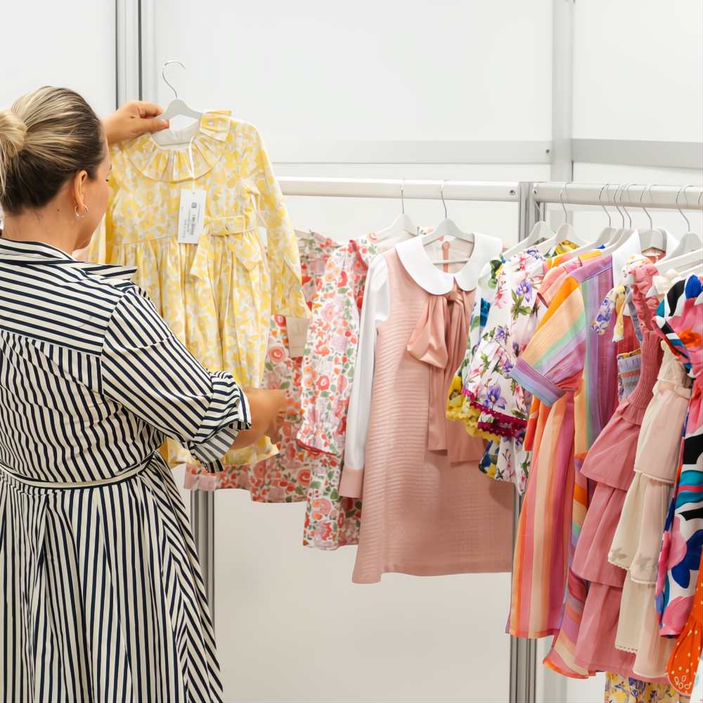 A woman holding up a child's yellow dress on a childrenswear stand at IFCO 