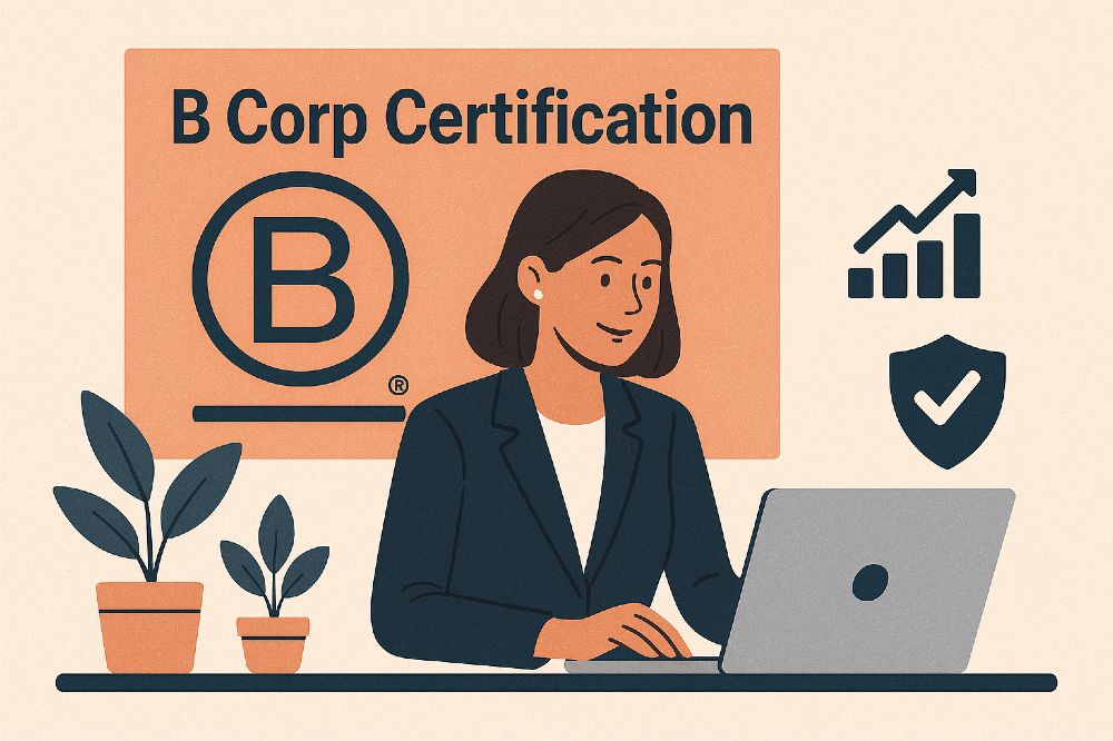 An illustration of a woman at a desk on a laptop with a B Corp Certification sign behind her