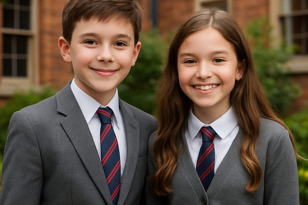 Two children stood outside wearing school uniform